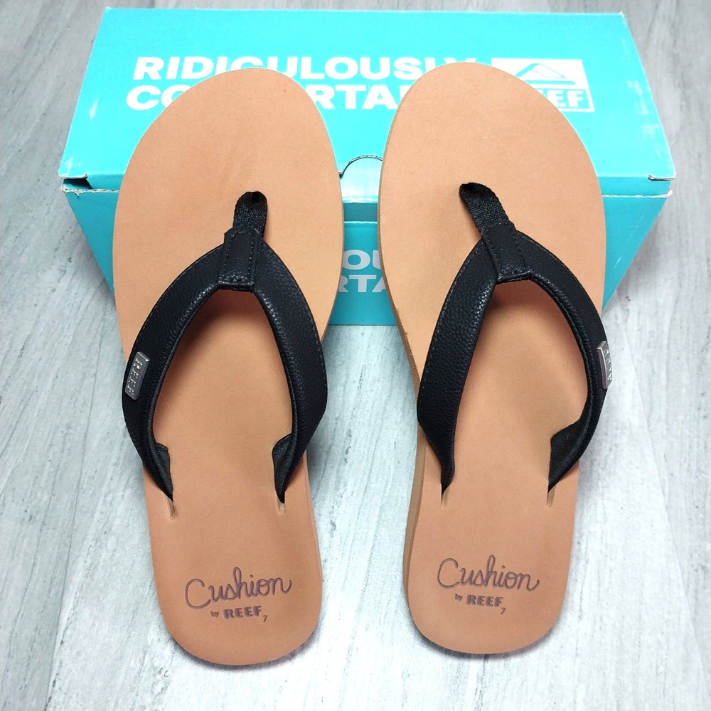 NEW in Box! Reef Baja Sands W7 Flip Flops Black/Tan Cushion Thong Sandals CJ9084